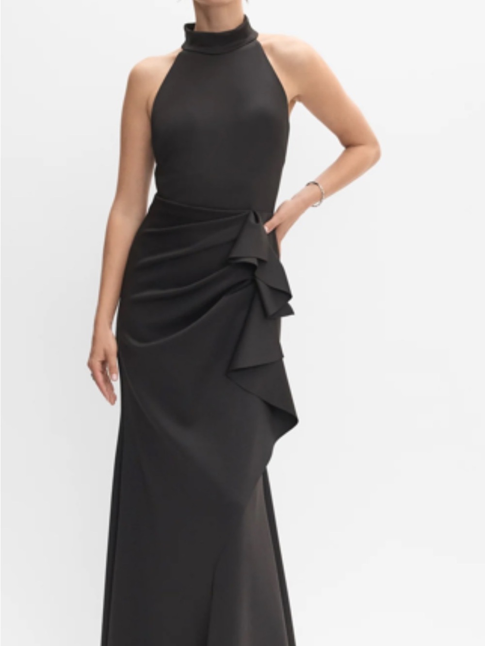 Sleeveless Black Halter Maxi Dress with Side Ruffle
